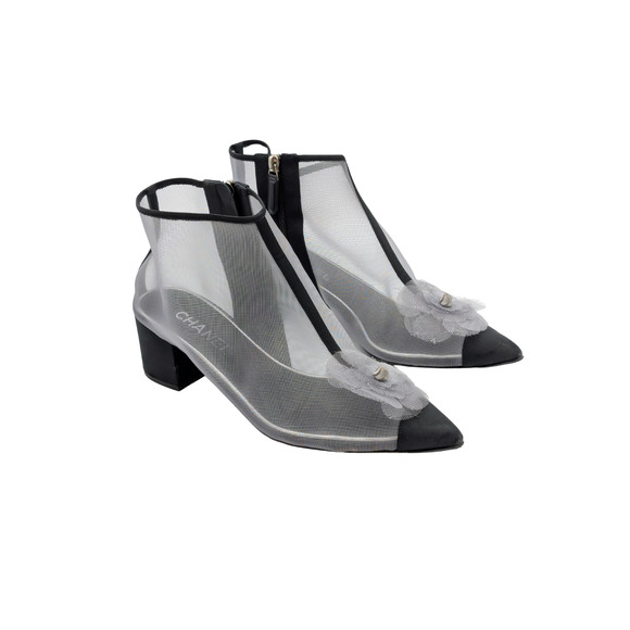 Chanel Mesh Grosgain Camellia Ankle Booties Size 40.5C Spring 2019 - Picture 1 of 12